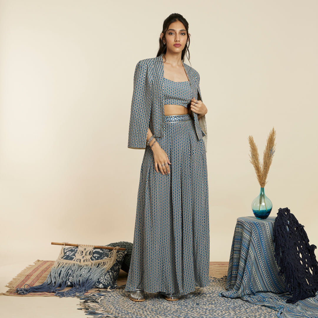 BLUE GEOMETRIC PRINT NOOR JACKET SET