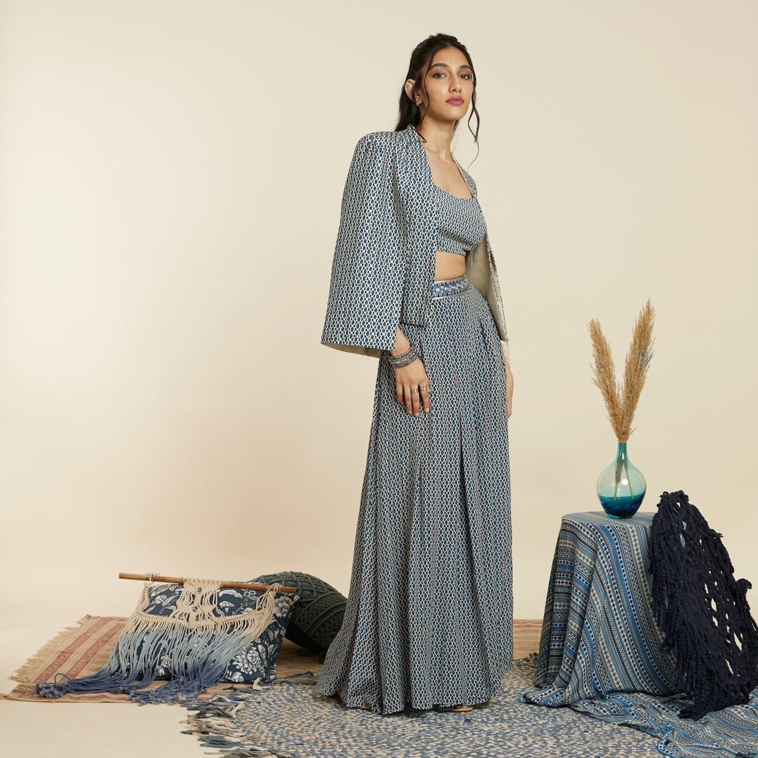 BLUE GEOMETRIC PRINT NOOR JACKET SET