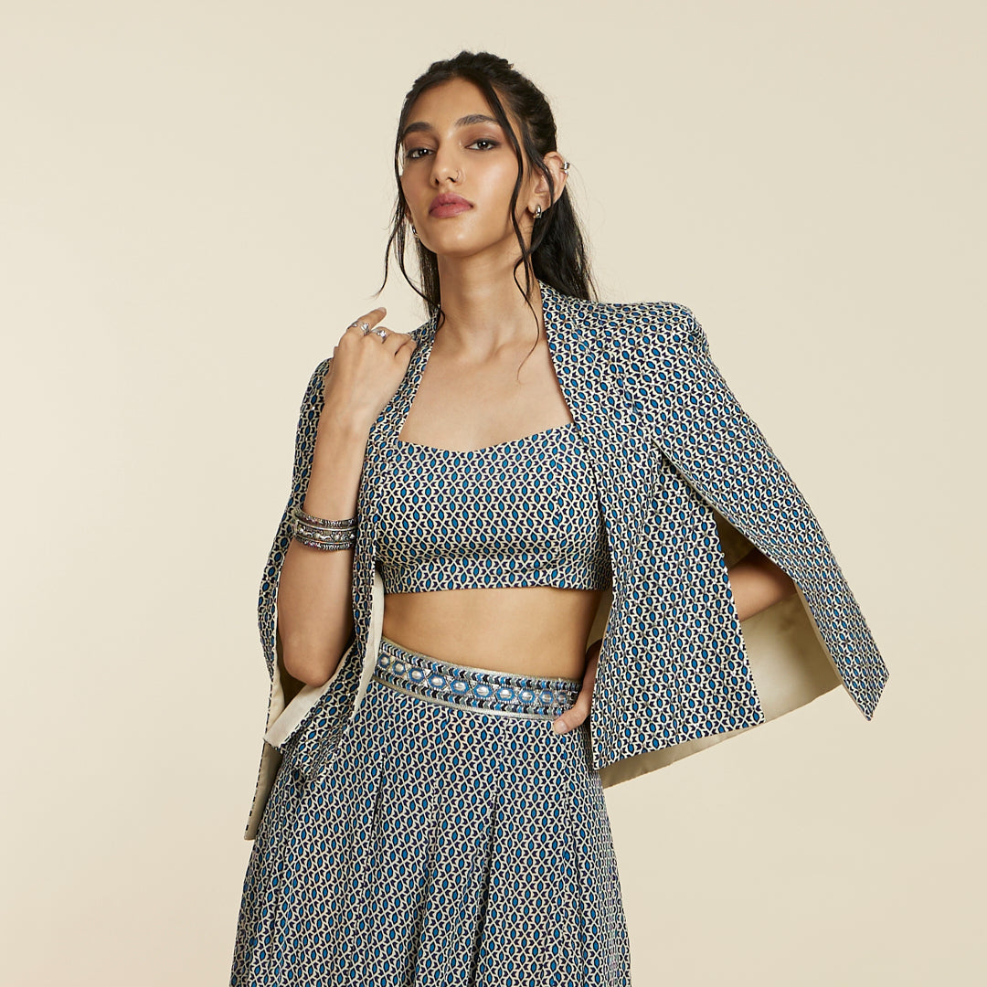 BLUE GEOMETRIC PRINT NOOR JACKET SET