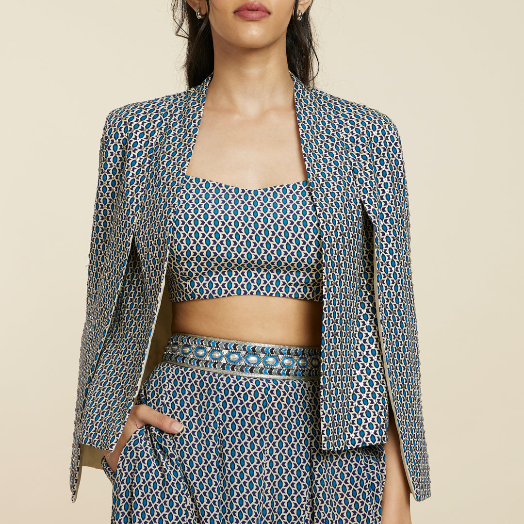 BLUE GEOMETRIC PRINT NOOR JACKET SET