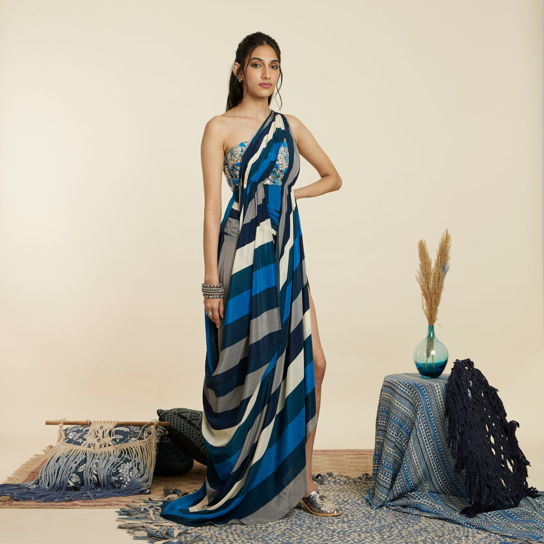 BLUE STRIPE HIGH SLIT DRAPED SAREE GOWN