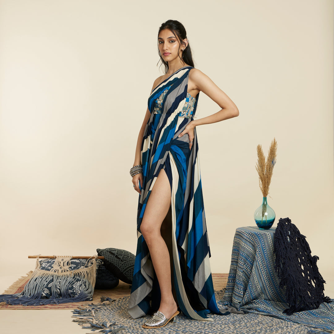 BLUE STRIPE HIGH SLIT DRAPED SAREE GOWN