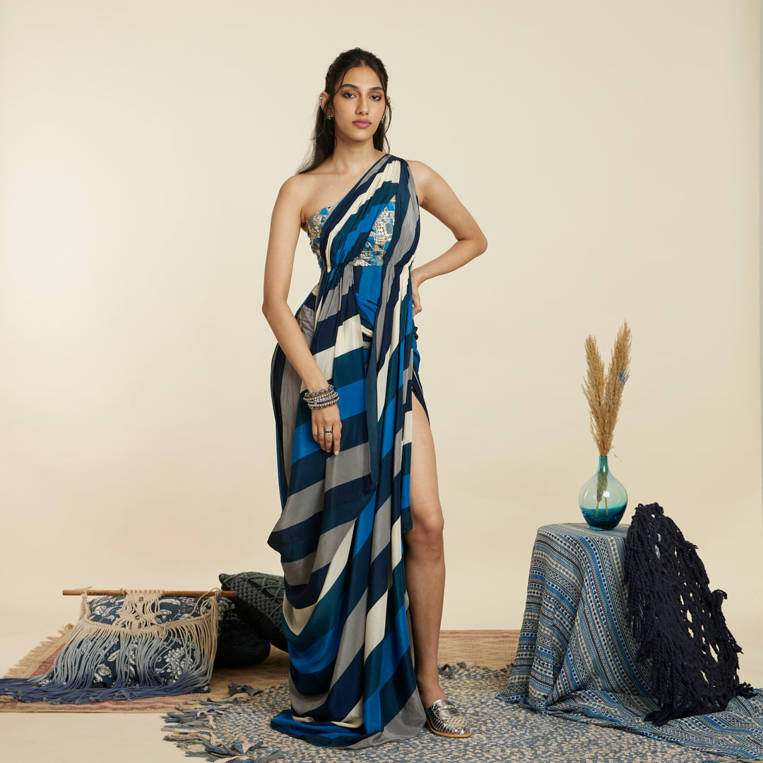 BLUE STRIPE HIGH SLIT DRAPED SAREE GOWN