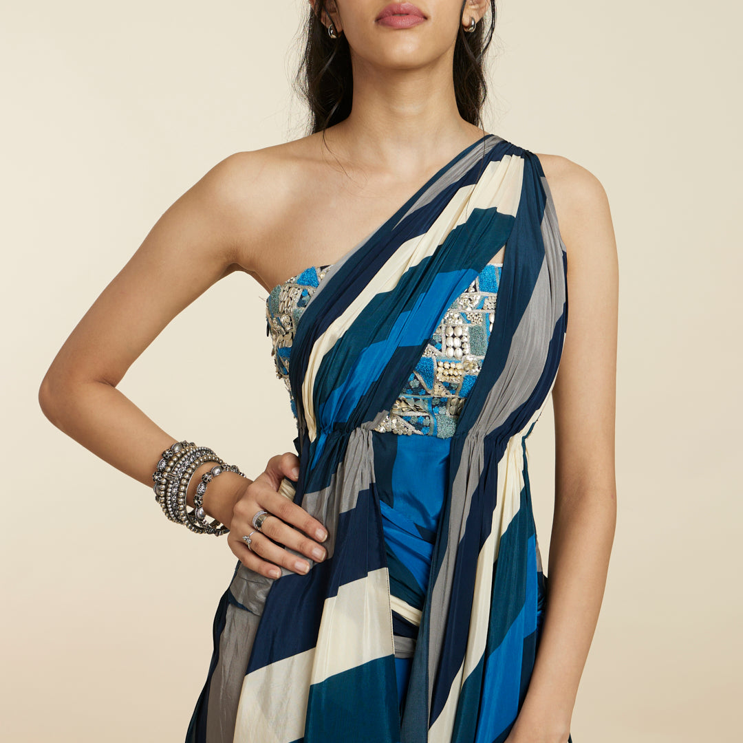 BLUE STRIPE HIGH SLIT DRAPED SAREE GOWN