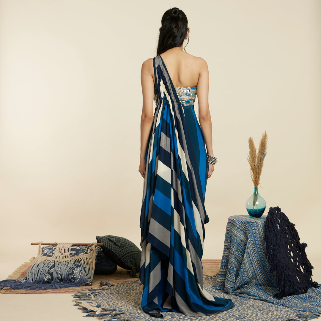 BLUE STRIPE HIGH SLIT DRAPED SAREE GOWN