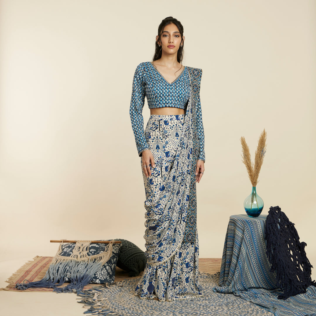 SAFAR BLUE JAAL SHARARA SAREE SET