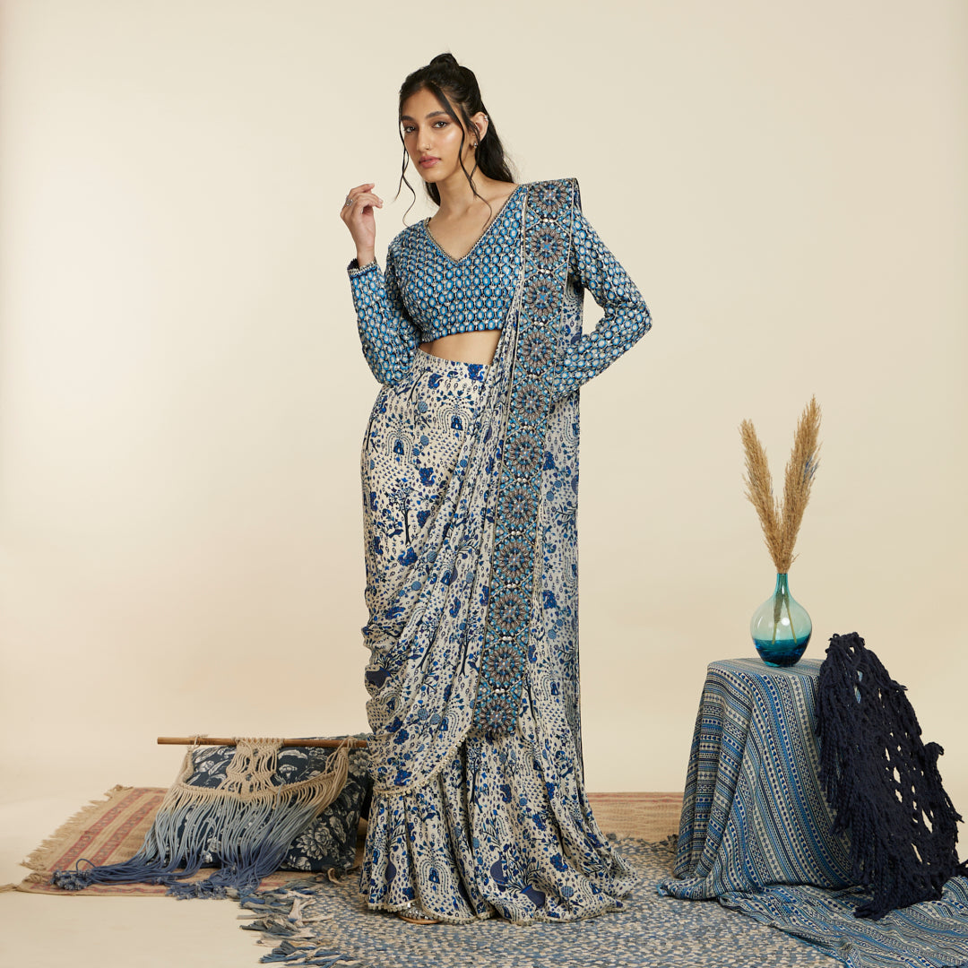 SAFAR BLUE JAAL SHARARA SAREE SET