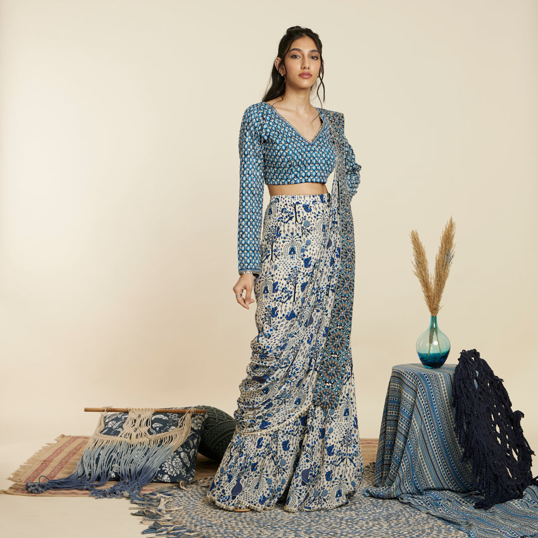 SAFAR BLUE JAAL SHARARA SAREE SET