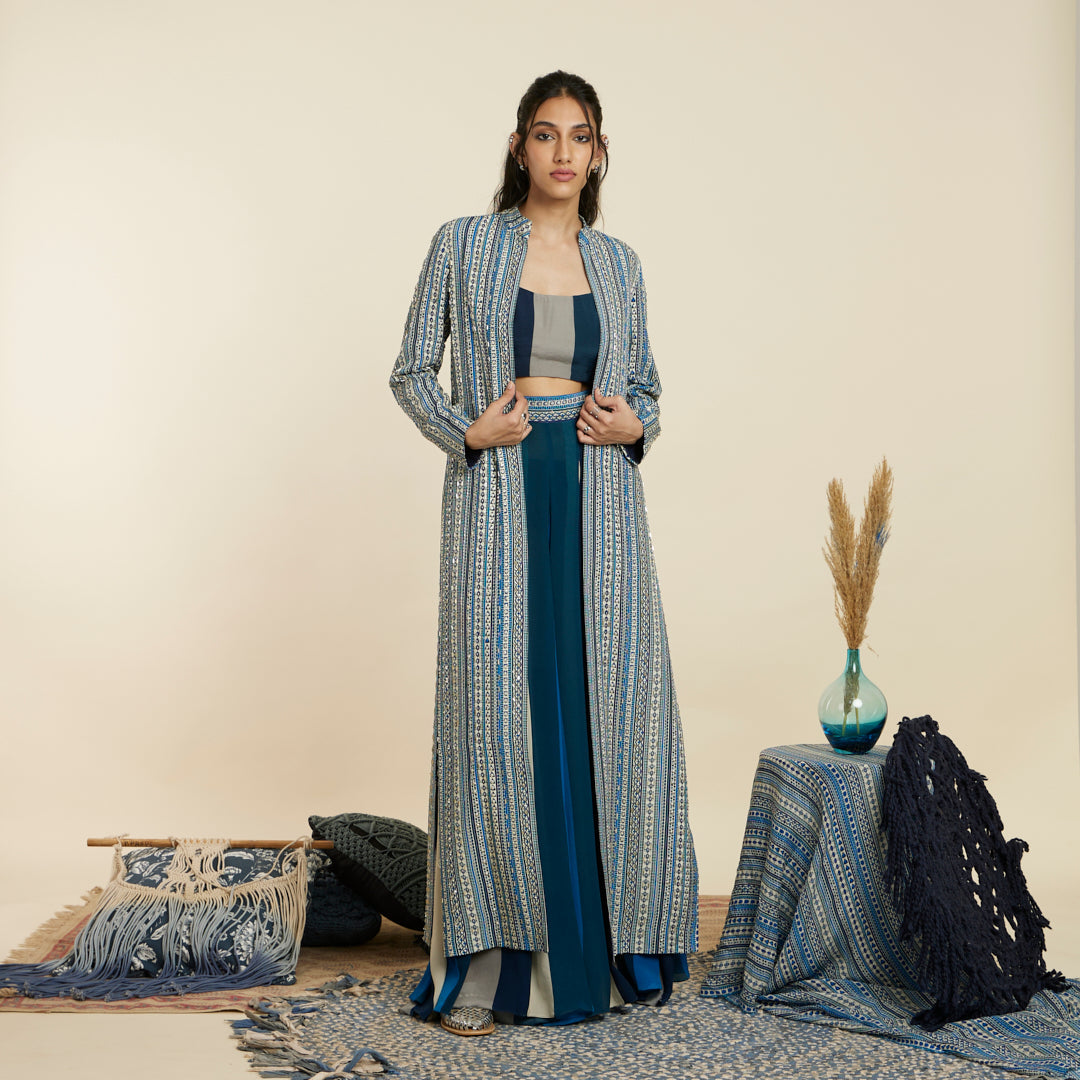 BLUE BOHO STRIPE EMBELLISHED CAPE SET