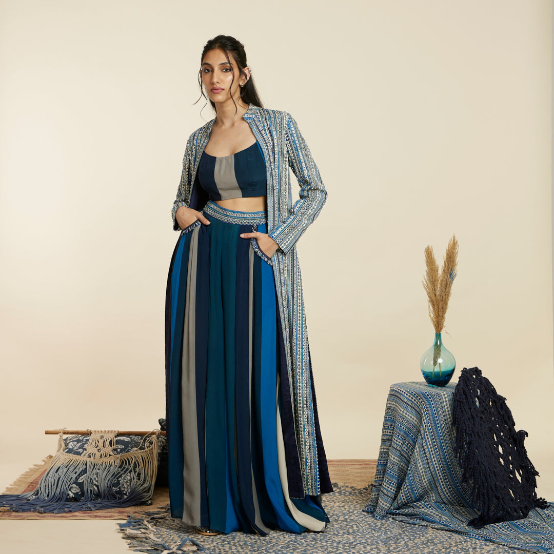 BLUE BOHO STRIPE EMBELLISHED CAPE SET