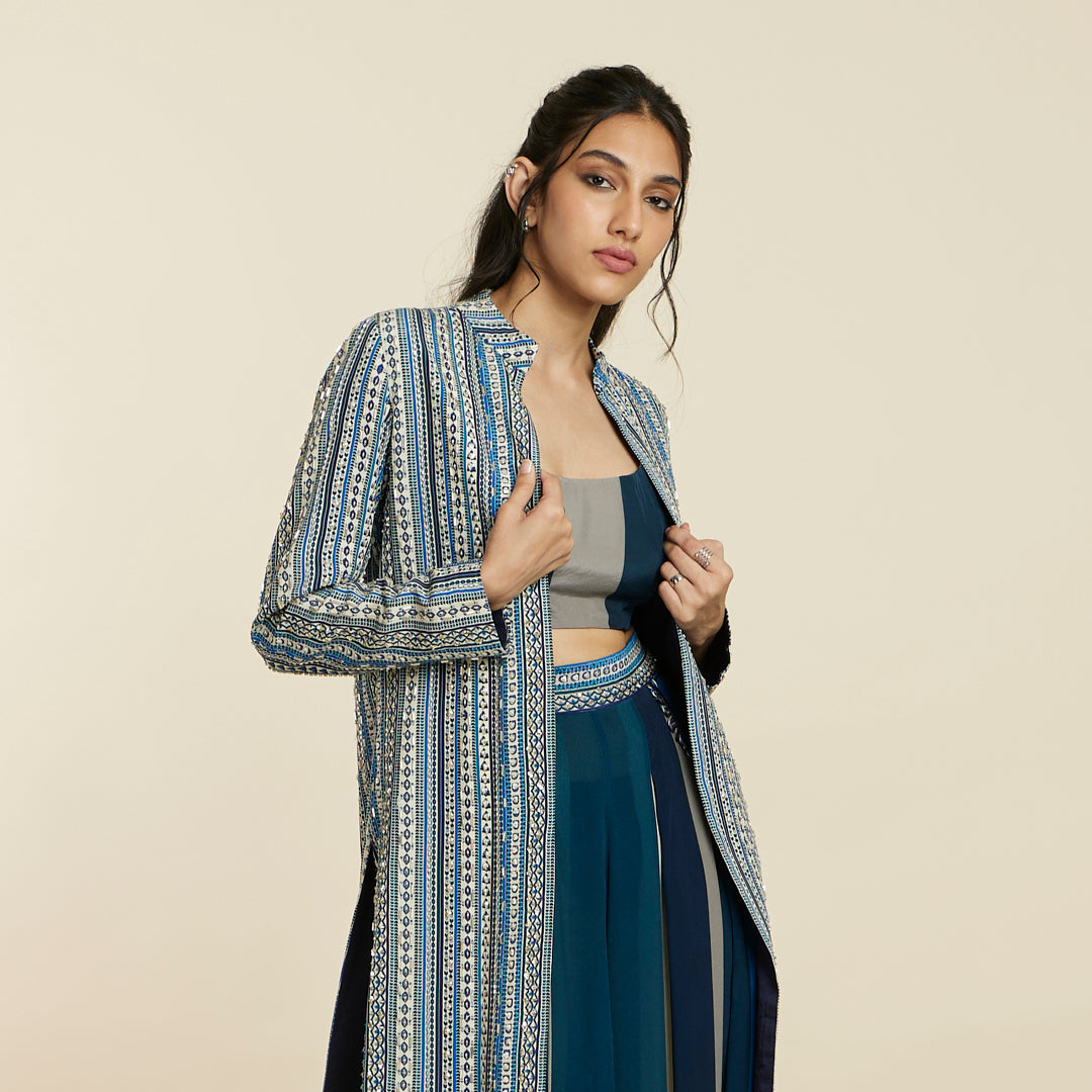 BLUE BOHO STRIPE EMBELLISHED CAPE SET