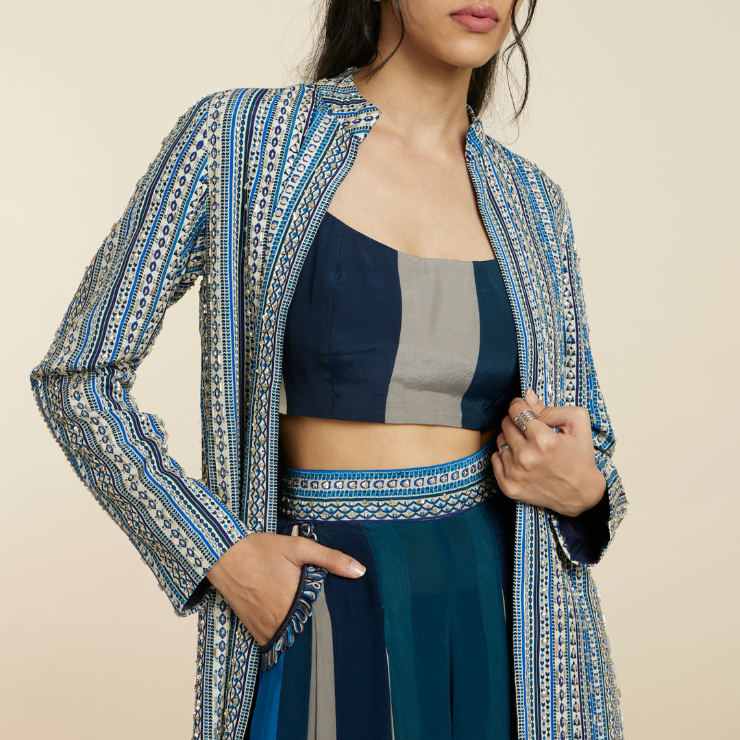 BLUE BOHO STRIPE EMBELLISHED CAPE SET