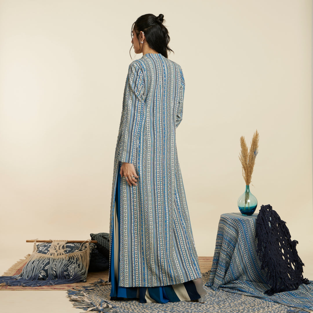 BLUE BOHO STRIPE EMBELLISHED CAPE SET