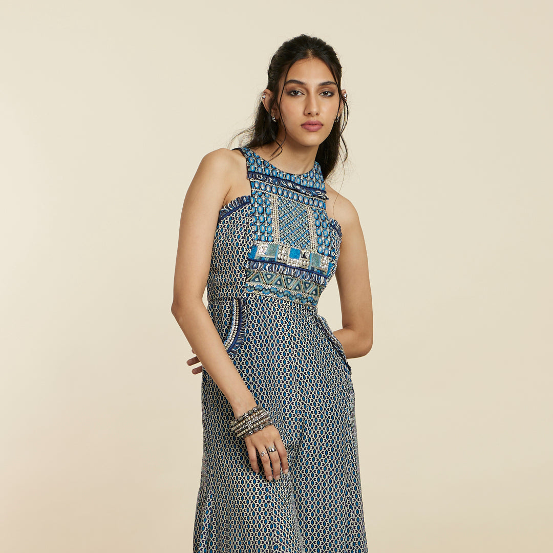 BLUE GEOMETRIC YOKE STYLE JUMPSUIT