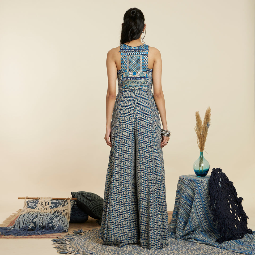 BLUE GEOMETRIC YOKE STYLE JUMPSUIT