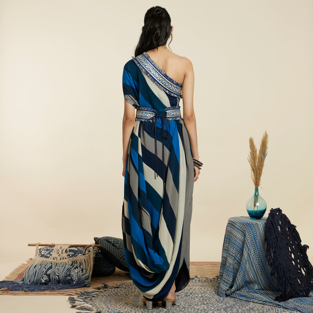 BLUE STRIPE PRINT ONE SHOULDER COWL DRESS