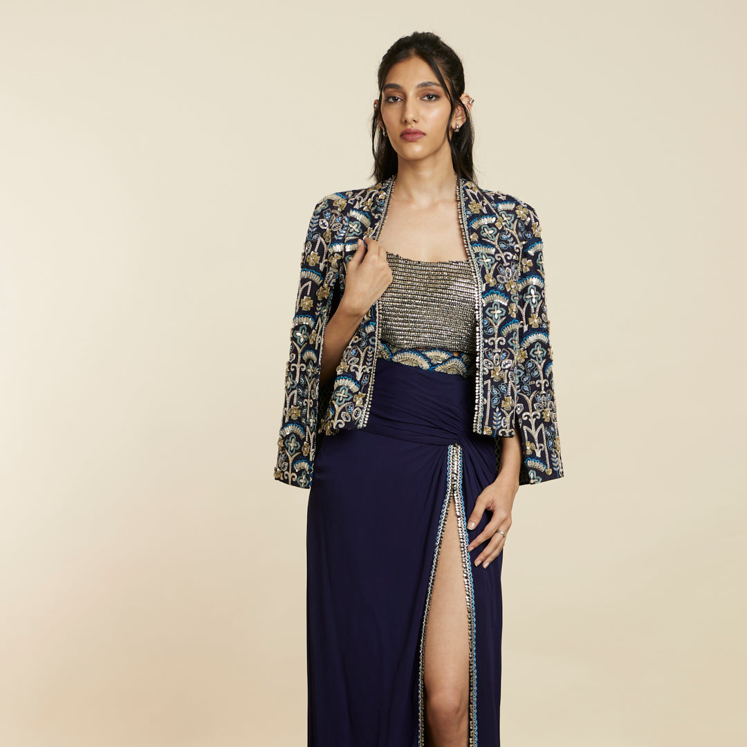 BLUE ART DECO EMBELLISHED NOOR JACKET