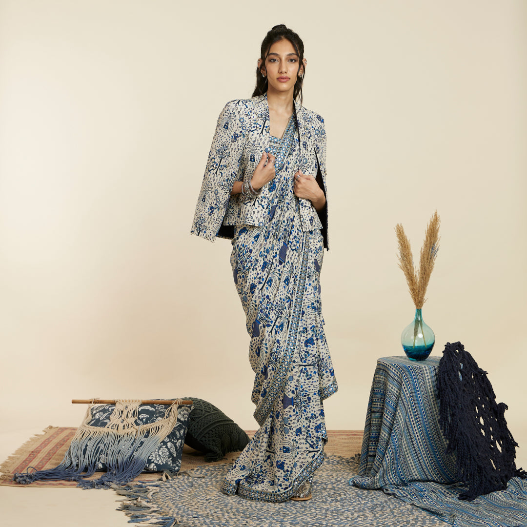 SAFAR BLUE JAAL CASCADE SAREE SET WITH A NOOR JACKET