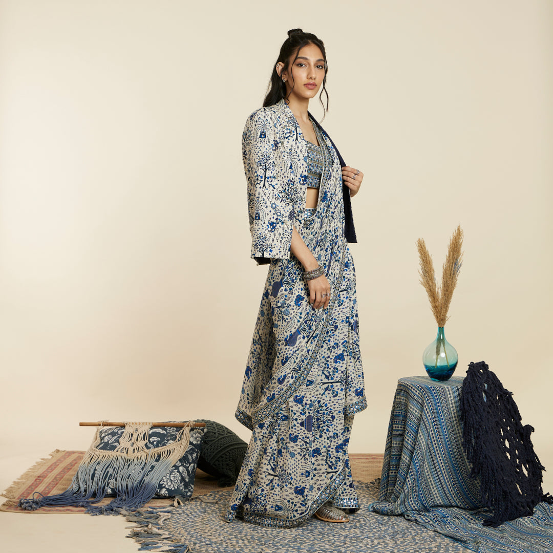 SAFAR BLUE JAAL CASCADE SAREE SET WITH A NOOR JACKET