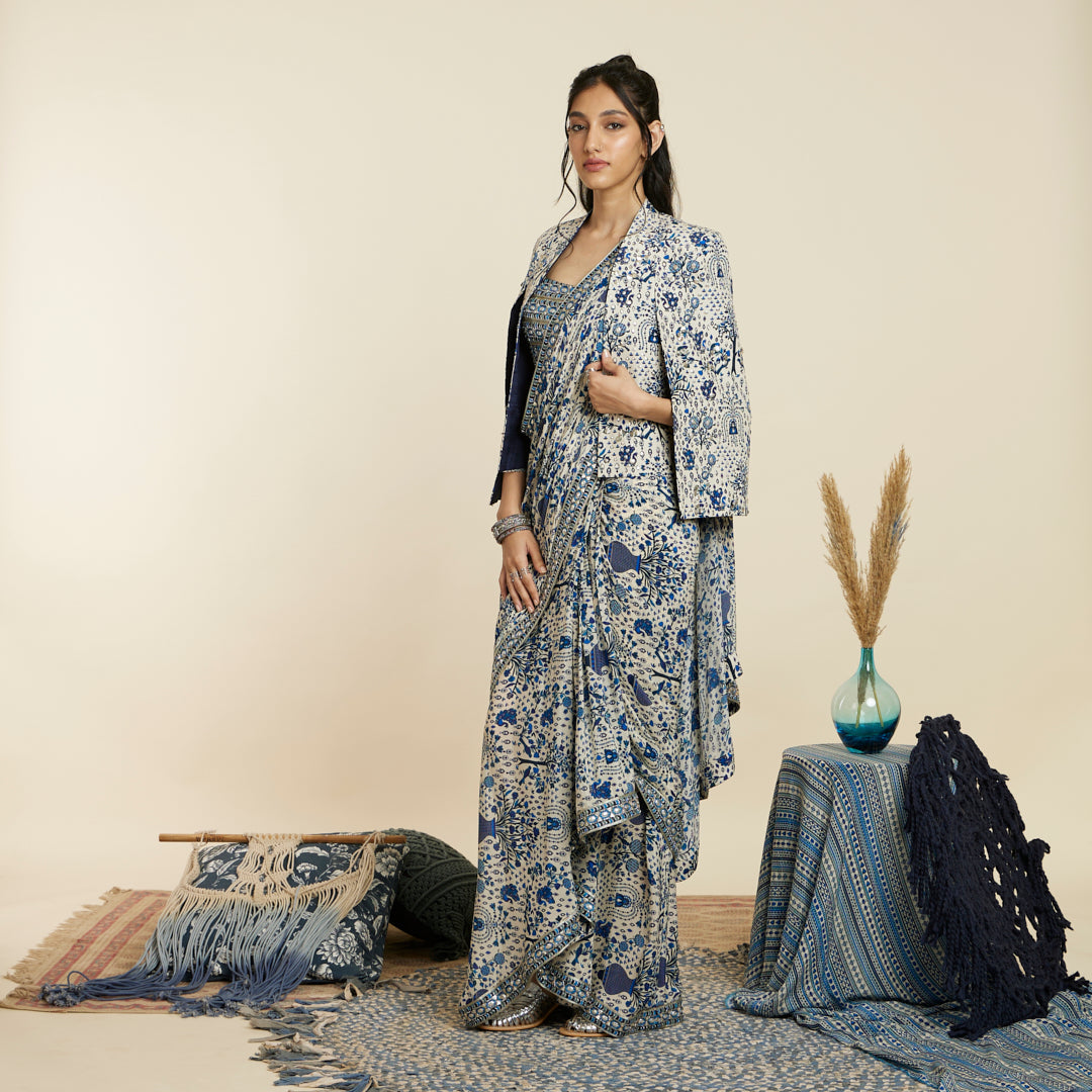 SAFAR BLUE JAAL CASCADE SAREE SET WITH A NOOR JACKET