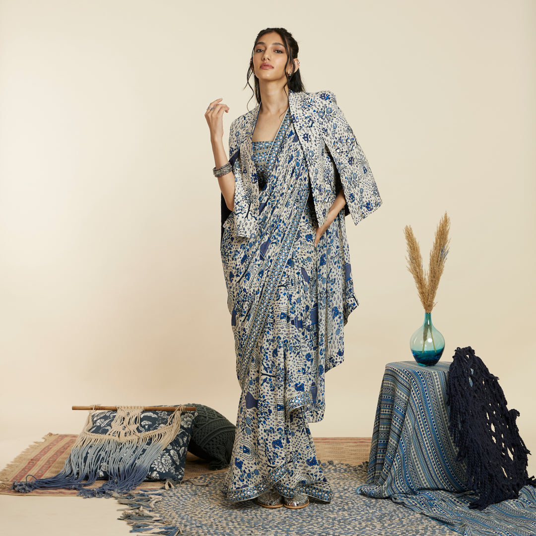 SAFAR BLUE JAAL CASCADE SAREE SET WITH A NOOR JACKET