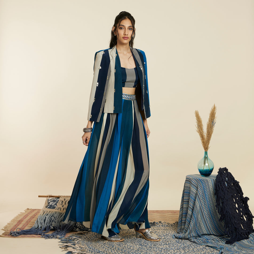 BLUE STRIPE PRINT NOOR JACKET SET