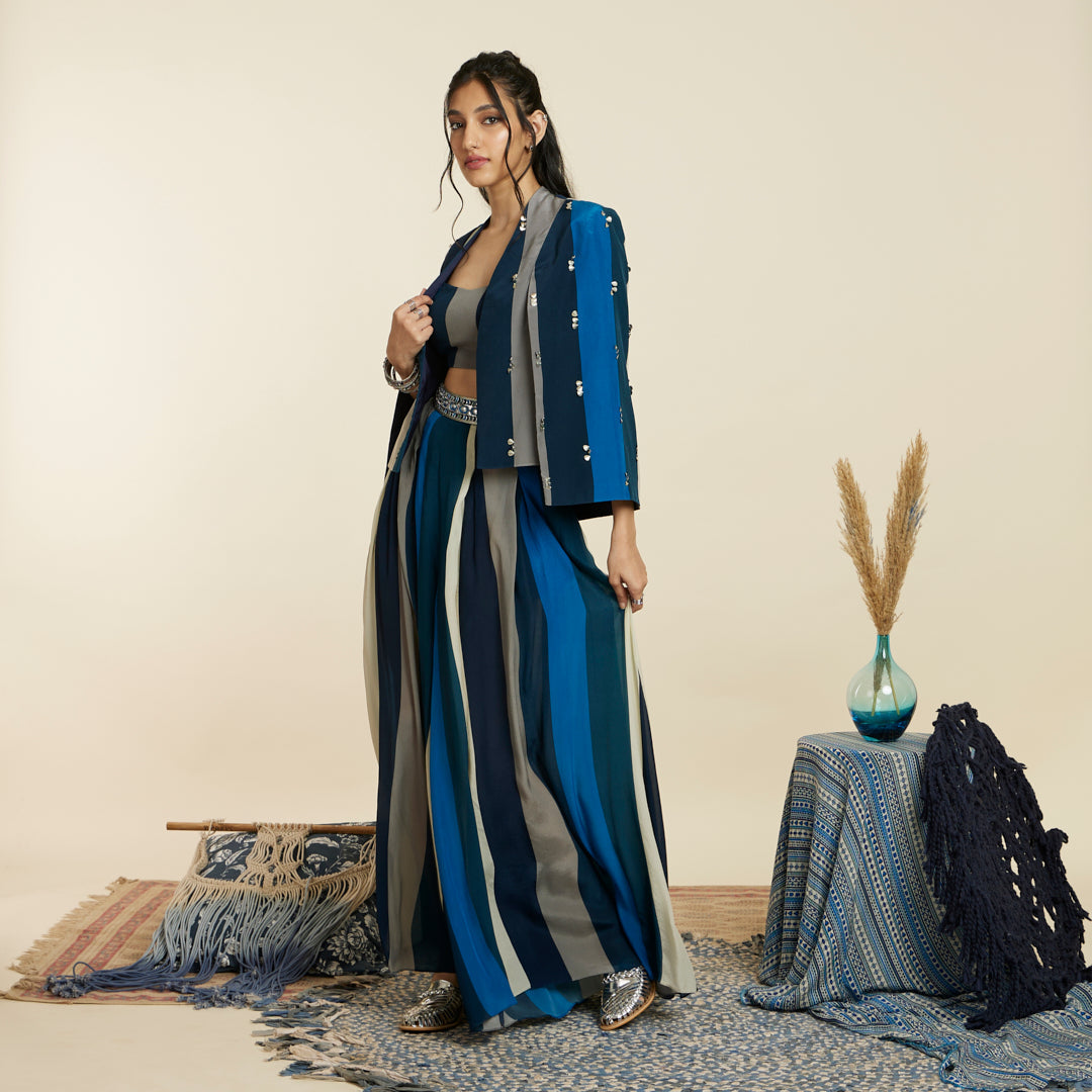 BLUE STRIPE PRINT NOOR JACKET SET