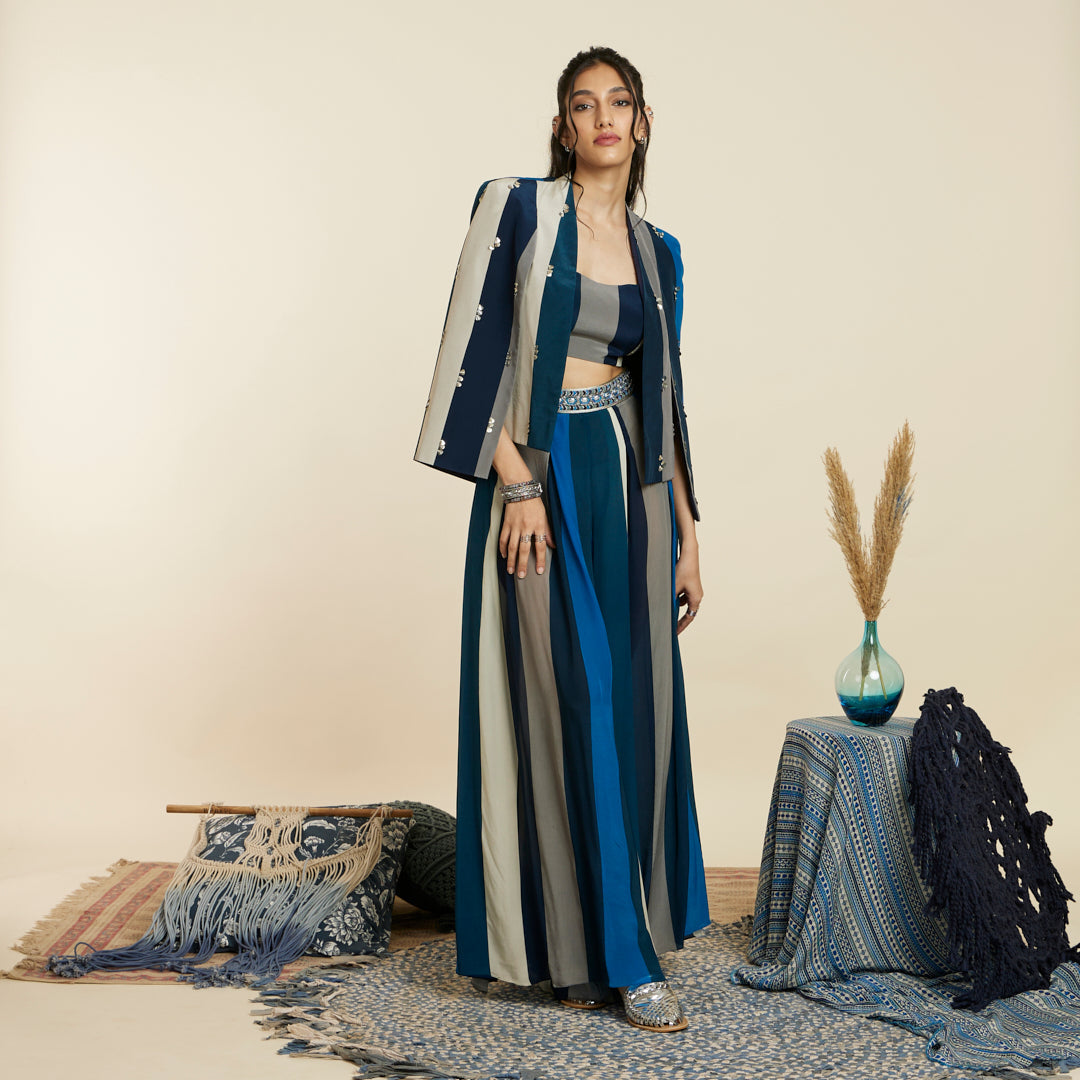 BLUE STRIPE PRINT NOOR JACKET SET