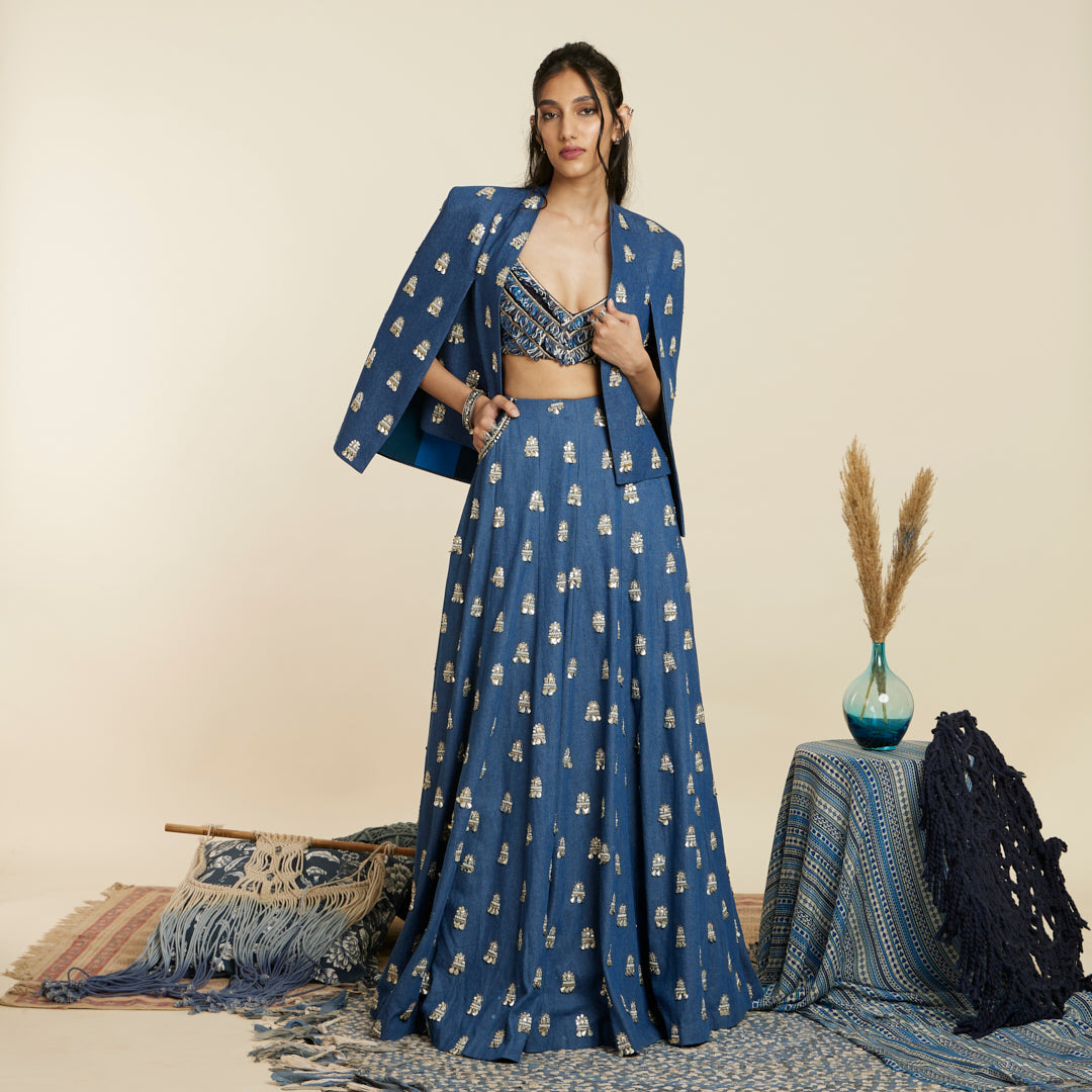 BLUE EMBELLISHED DENIM LEHENGA SET