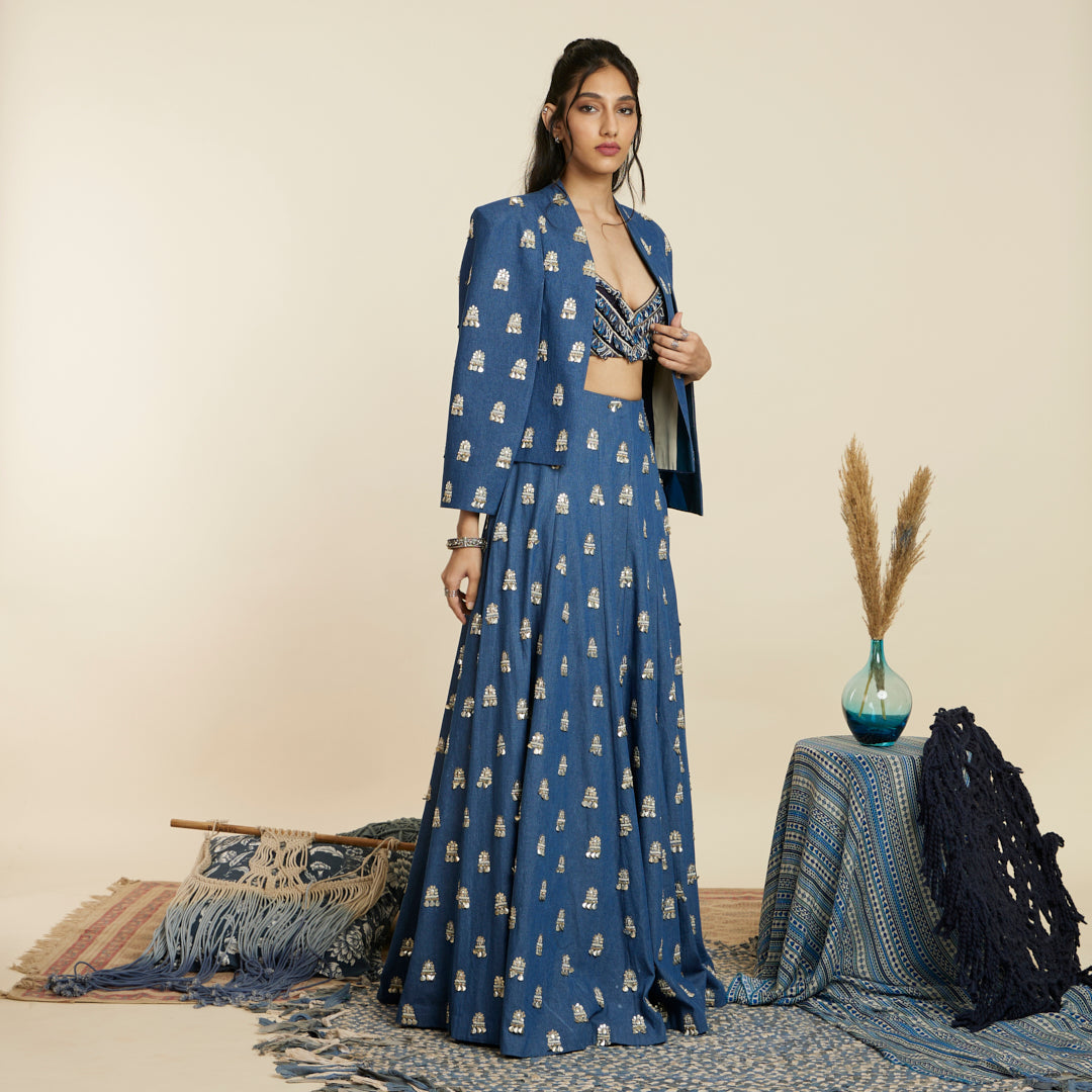 BLUE EMBELLISHED DENIM LEHENGA SET