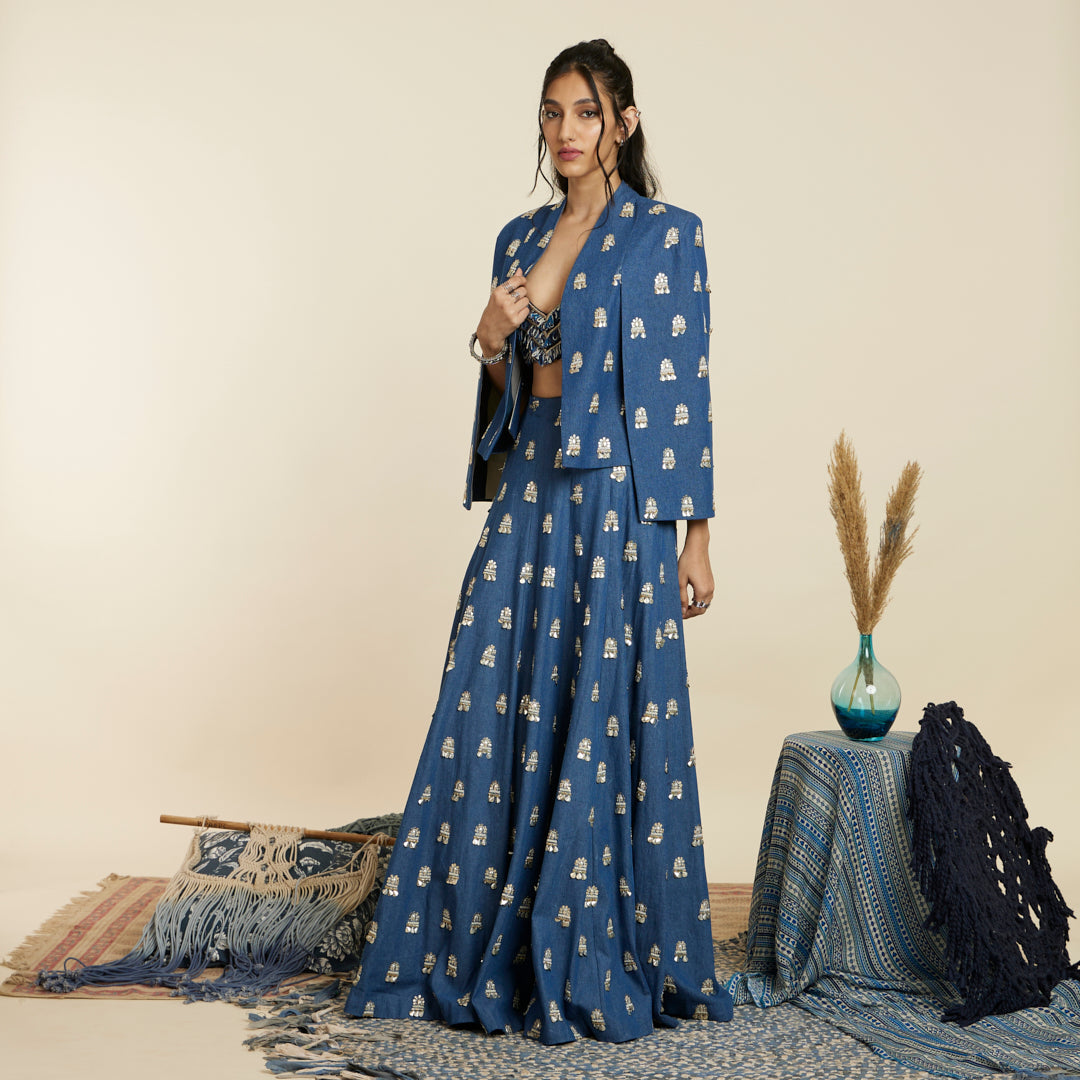 BLUE EMBELLISHED DENIM LEHENGA SET