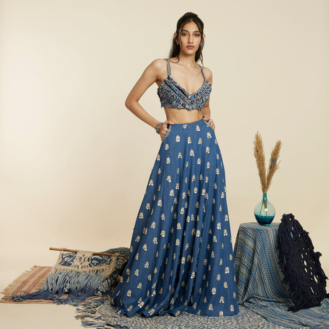 BLUE EMBELLISHED DENIM LEHENGA SET