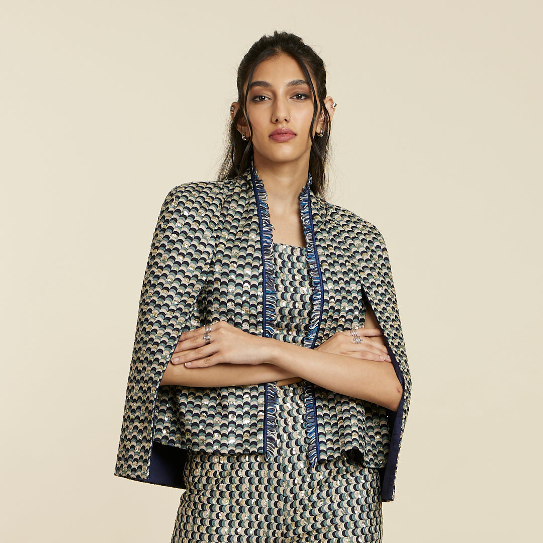 BLUE SCALLOP EMBROIDERED NOOR JACKET SET