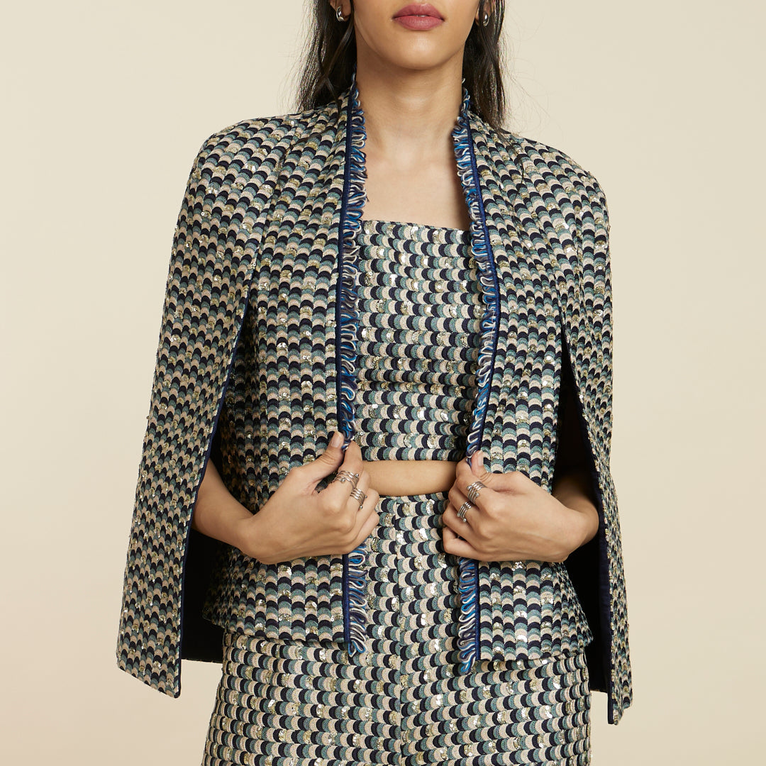 BLUE SCALLOP EMBROIDERED NOOR JACKET SET