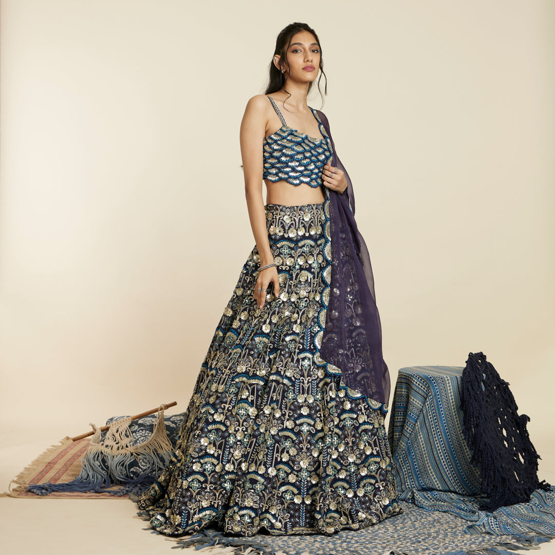 BLUE ART DECO LEHENGA SET