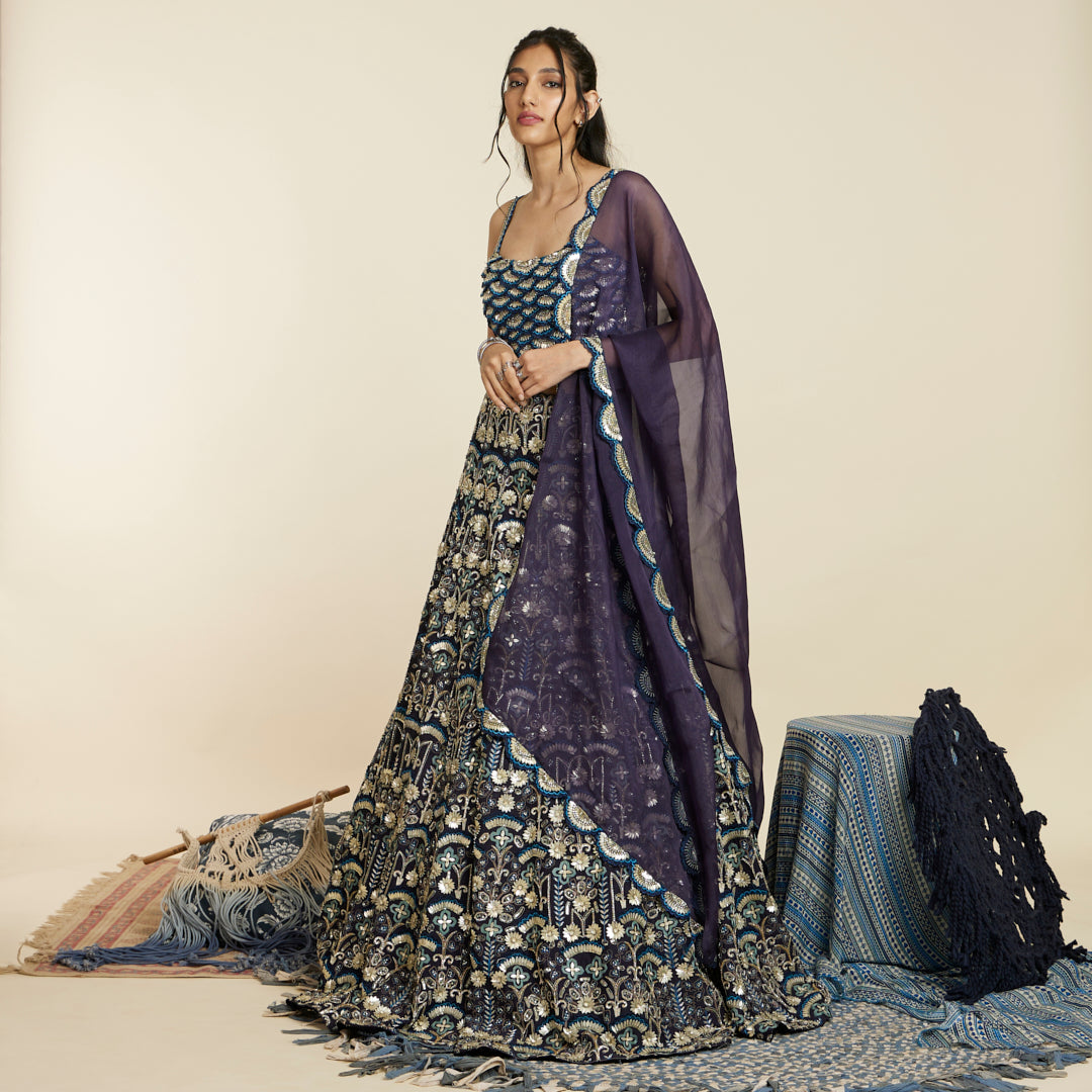 BLUE ART DECO LEHENGA SET