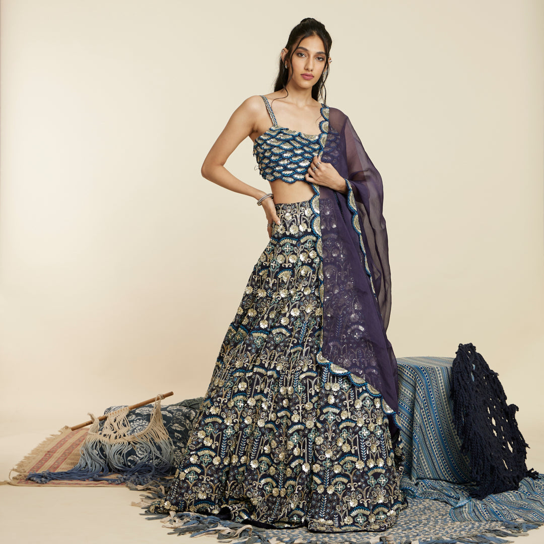 BLUE ART DECO LEHENGA SET