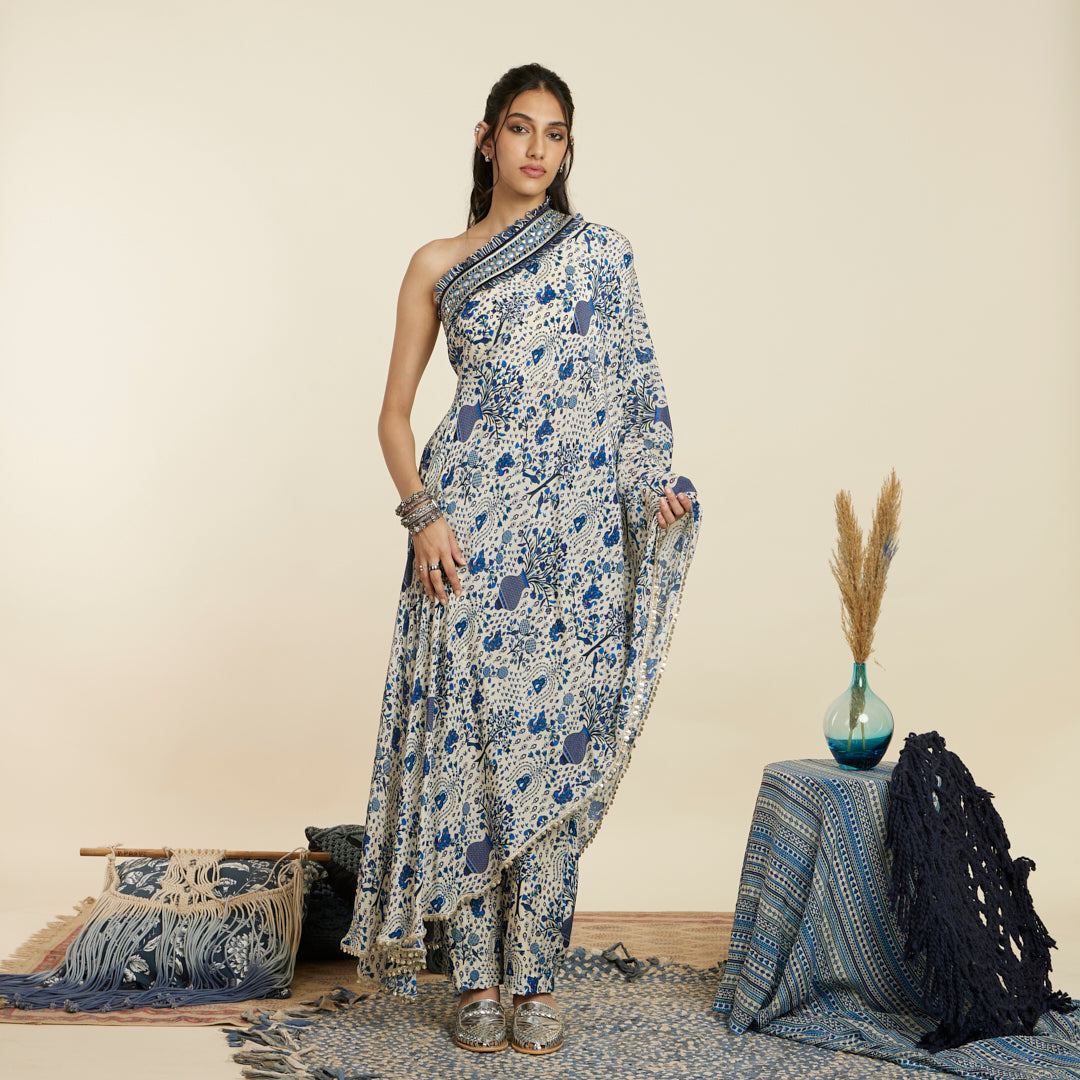 SAFAR BLUE JAAL PRINT ONE SHOULDER SAREE WITH PANTS