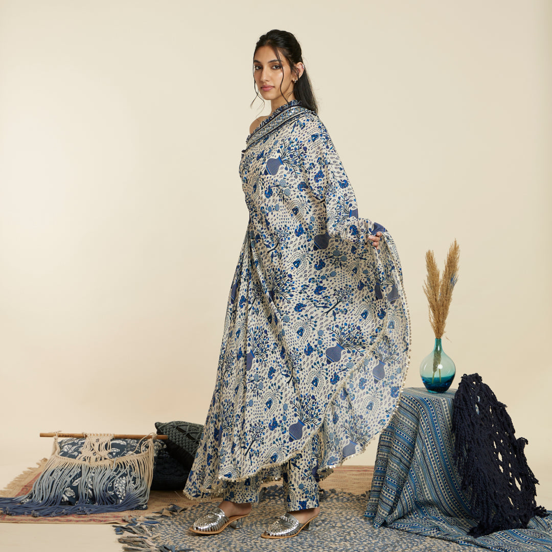 SAFAR BLUE JAAL PRINT ONE SHOULDER SAREE WITH PANTS