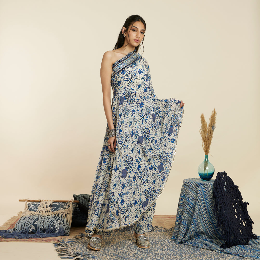 SAFAR BLUE JAAL PRINT ONE SHOULDER SAREE WITH PANTS