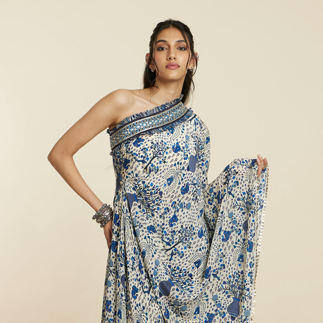 SAFAR BLUE JAAL PRINT ONE SHOULDER SAREE WITH PANTS