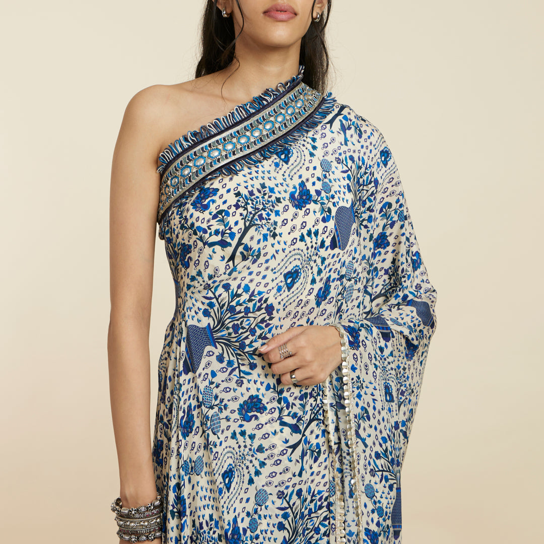 SAFAR BLUE JAAL PRINT ONE SHOULDER SAREE WITH PANTS