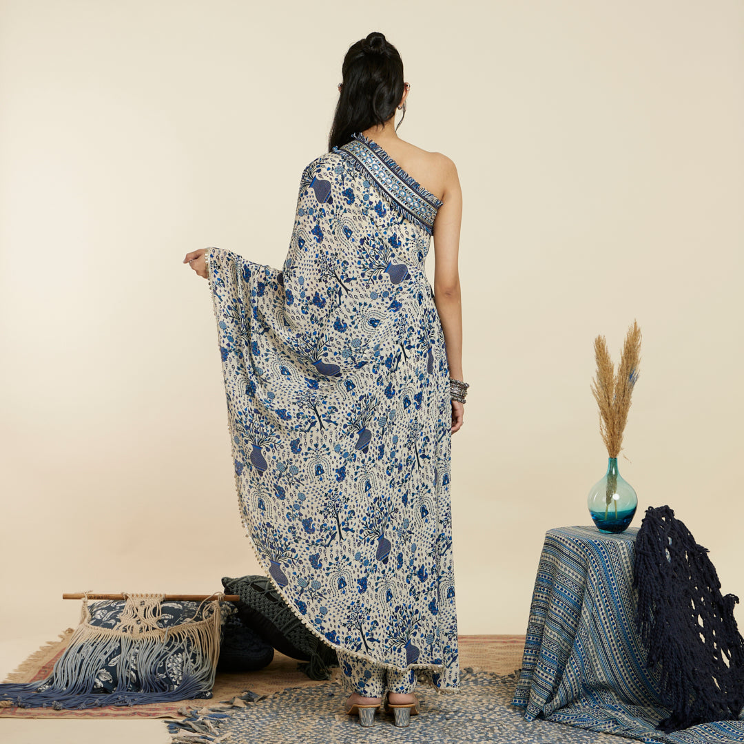 SAFAR BLUE JAAL PRINT ONE SHOULDER SAREE WITH PANTS