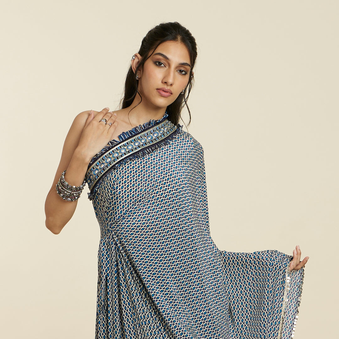 BLUE GEOMETRIC PRINT ONE SHOULDER SAREE WITH PANTS