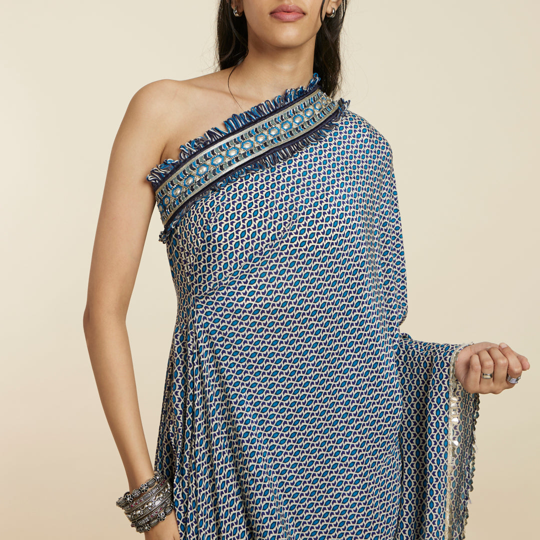 BLUE GEOMETRIC PRINT ONE SHOULDER SAREE WITH PANTS