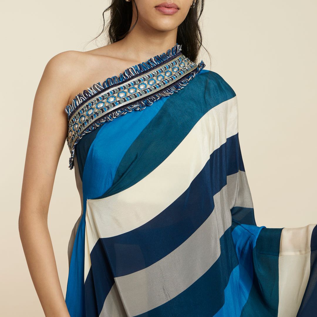 BLUE STRIPE PRINT ONE SHOULDER SAREE WITH PANTS