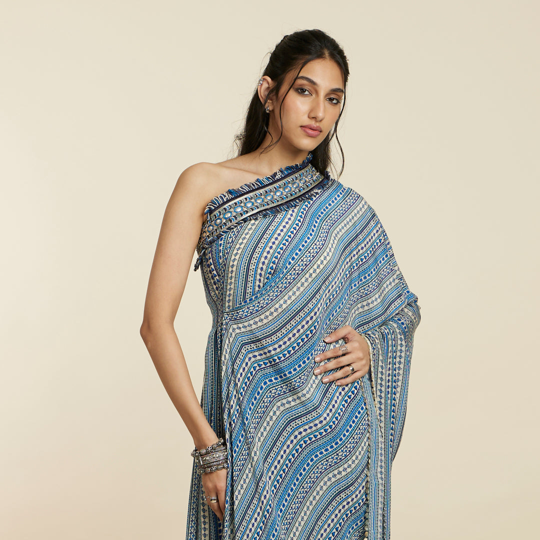 BLUE BOHO STRIPE PRINT ONE SHOULDER SAREE WITH PANTS