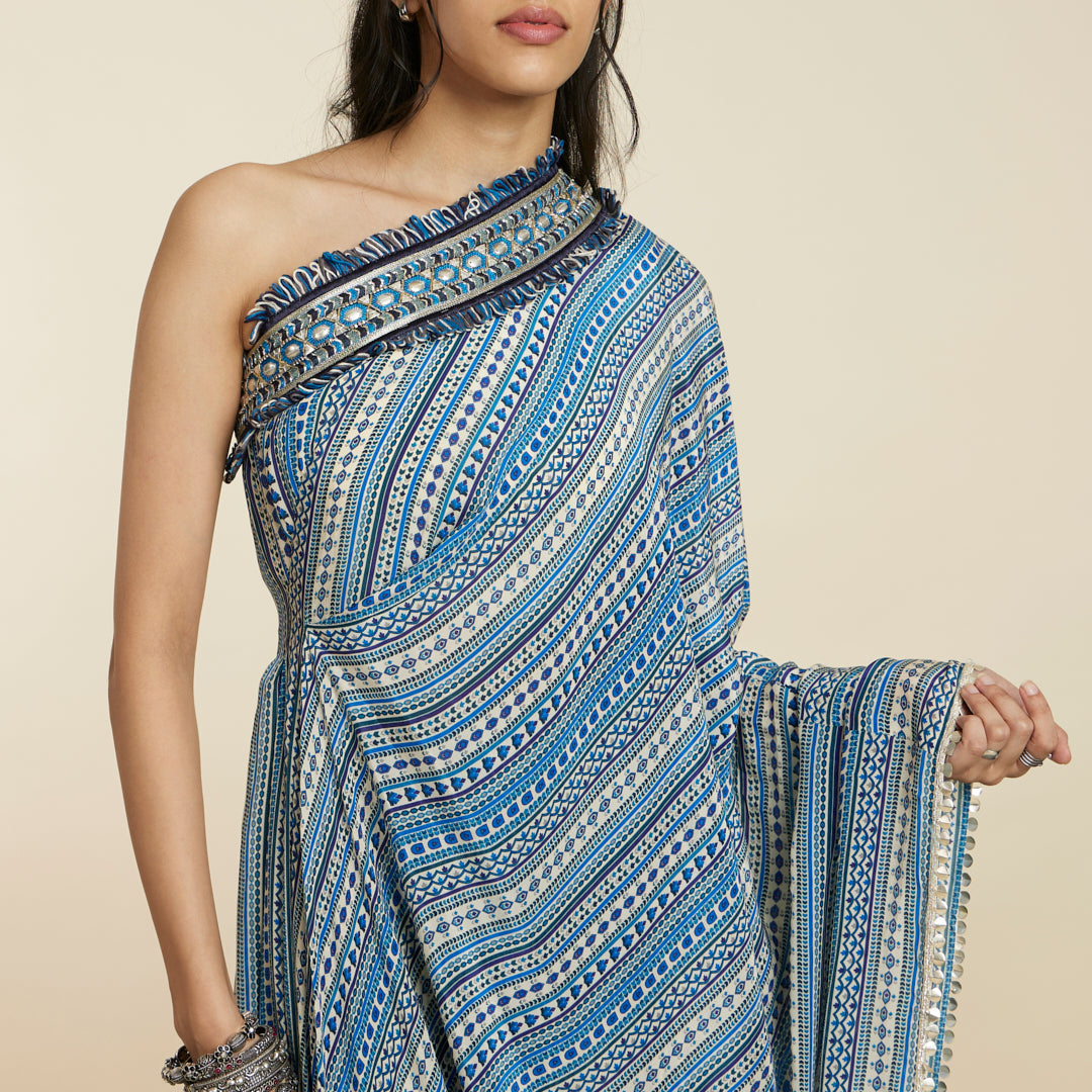 BLUE BOHO STRIPE PRINT ONE SHOULDER SAREE WITH PANTS