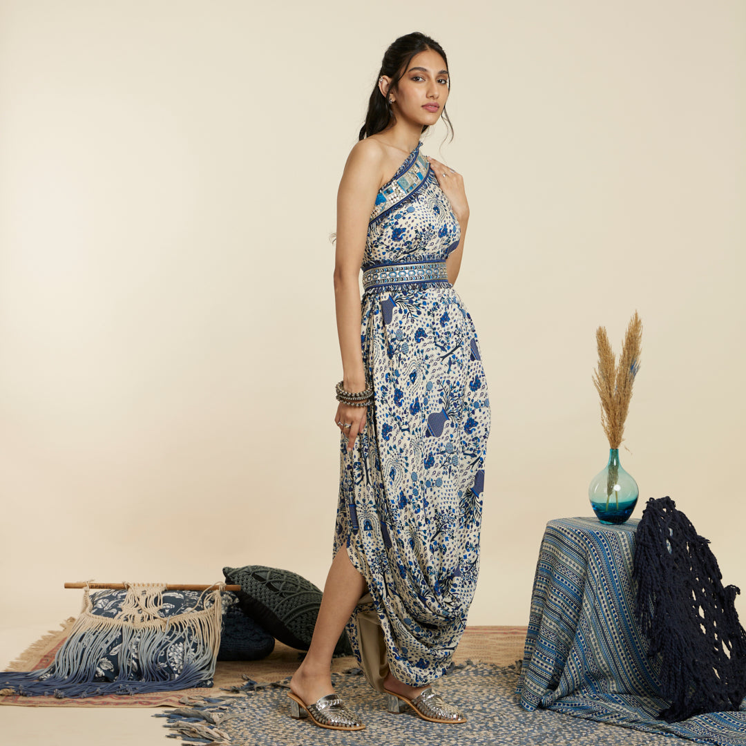 BLUE SAFAR JAAL PRINT ONE SHOULDER COWL DRESS