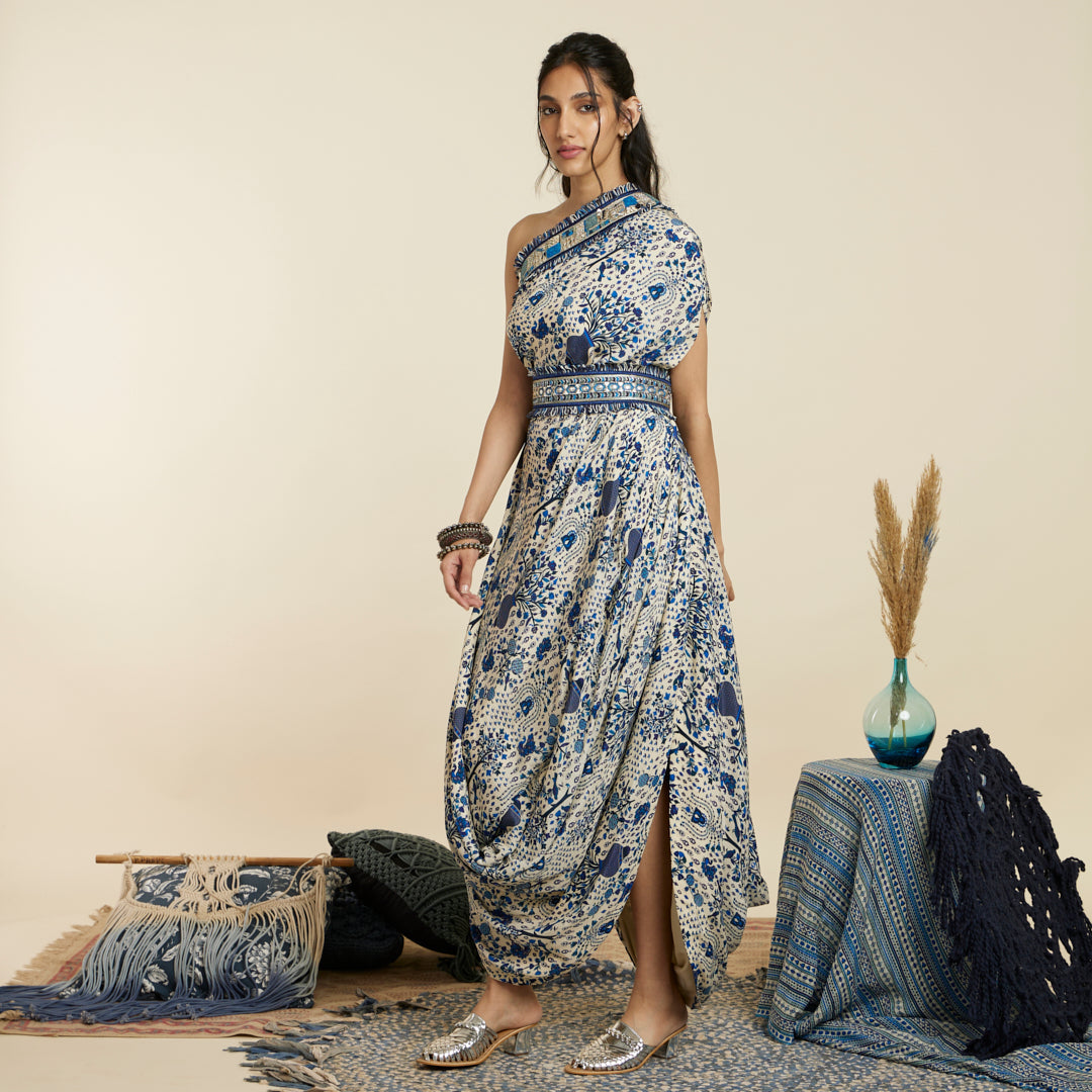 BLUE SAFAR JAAL PRINT ONE SHOULDER COWL DRESS